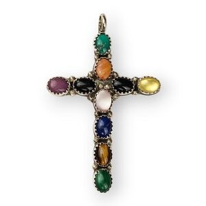 Southwestern Sterling Gemstone Cross Pendant Colorful Vintage 925 Silver 2.25"